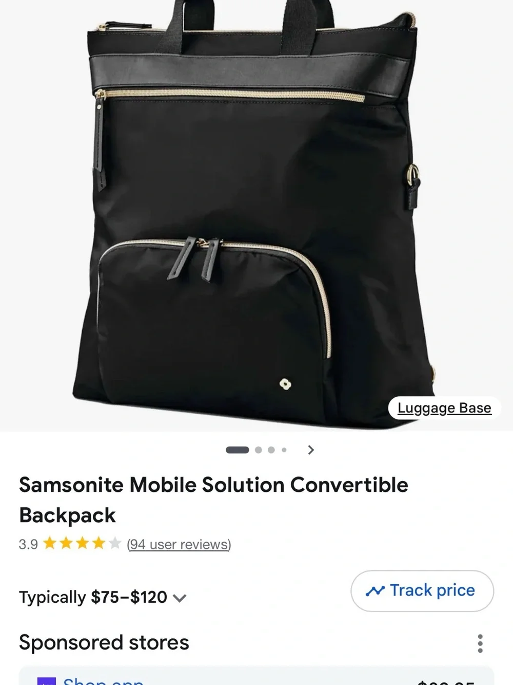Samsonite Black Convertible Backpack Tote with Gold Accents